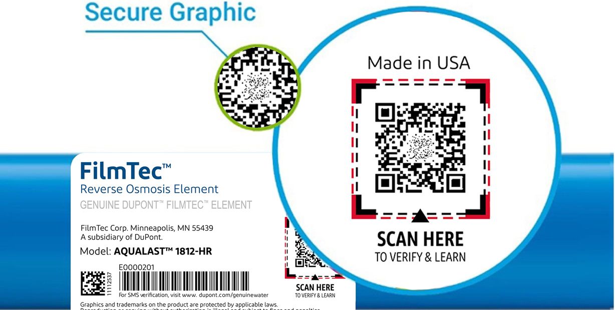 Magnification of the secure graphic and QR code that is on upper right side of the label of a genuine FILMTEC™ reverse osmosis element