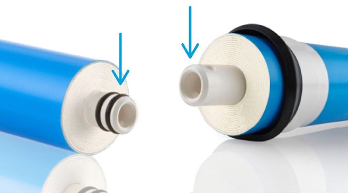 正品 FILMTEC™ 反渗透滤芯的白色水管特写，使用蓝色箭头标出