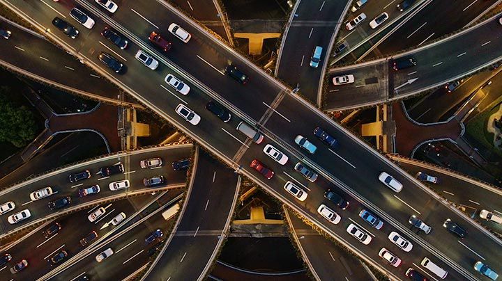 Aerial shot of cars and trucks on a busy highway