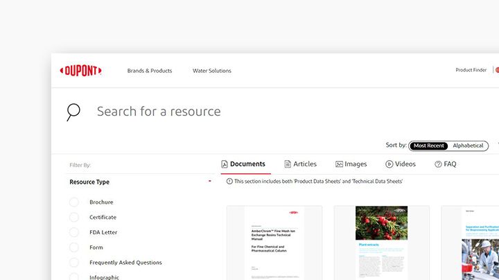 Resource center webpage with search and documents