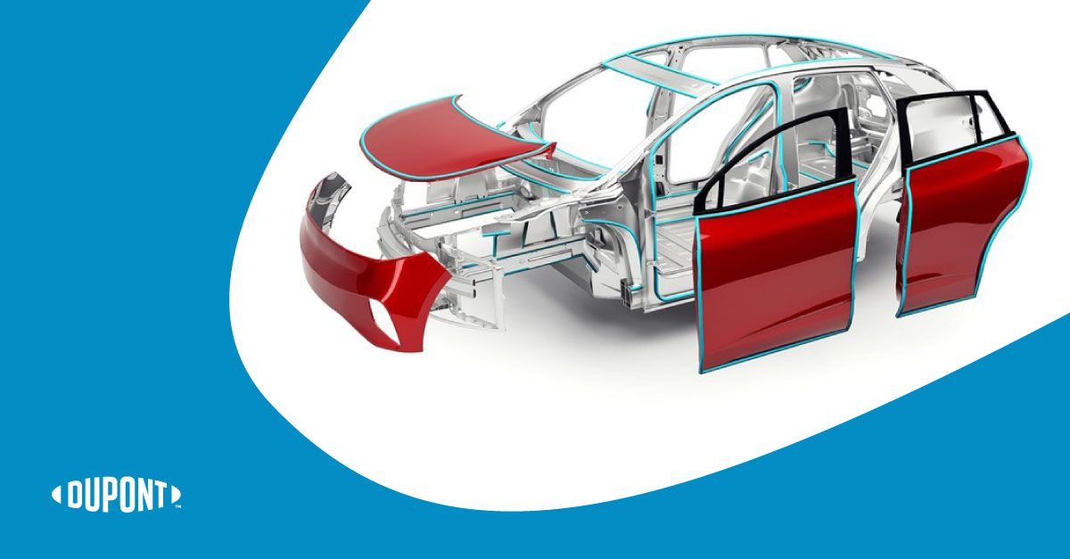 Diagram showing application points on a vehicle frame where two-part adhesive can help optimize assembly.