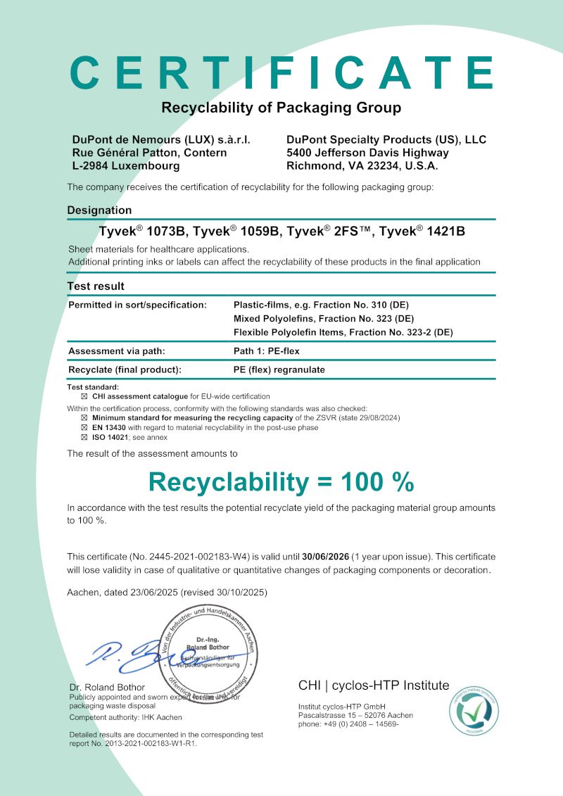 Certificate recognizing the 100% recyclability of Tyvek® as a packaging component