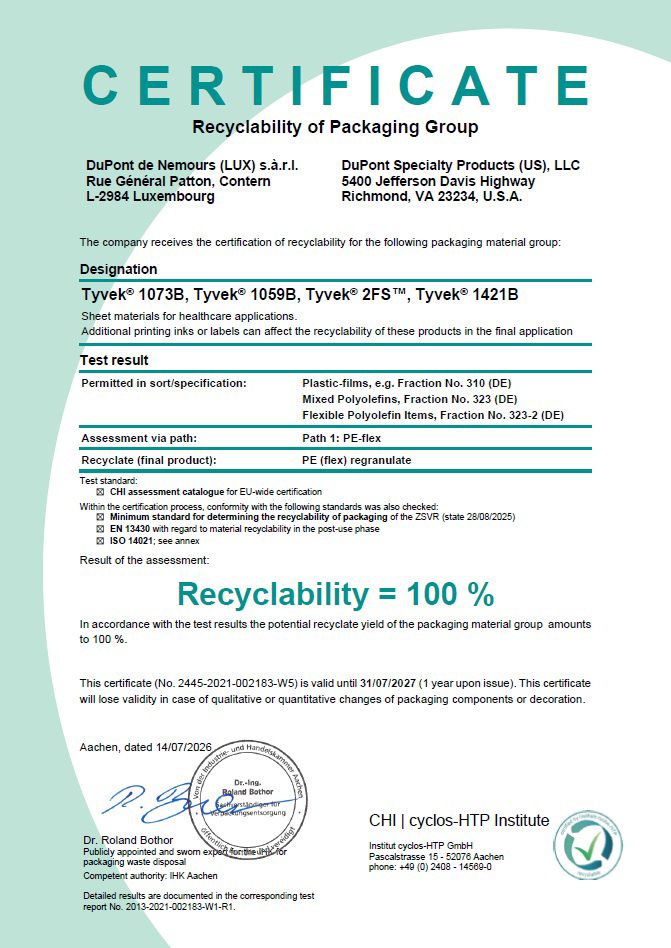 Certificate recognizing the 100% recyclability of Tyvek® as a packaging component