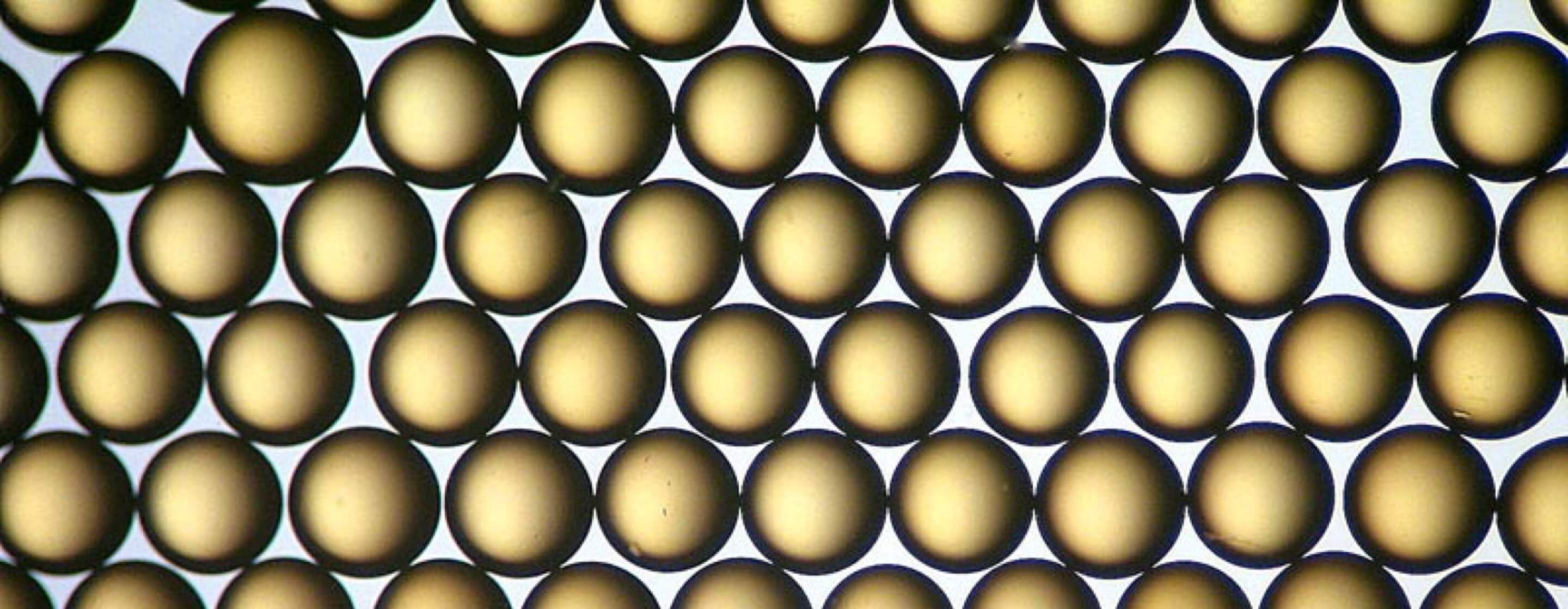  Microscopic image of amber-colored, spherical ion exchange resins resembling beads.