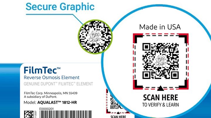Magnification of the secure graphic and QR code that is on upper right side of the label of a genuine FILMTEC™ reverse osmosis element