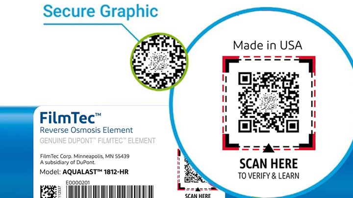正品 FILMTEC™ 反渗透元件标签右上方的安全图形和二维码放大
