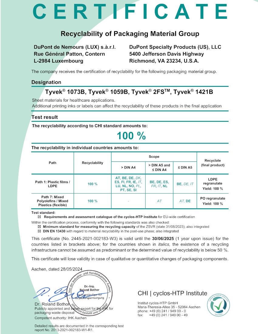 Certificate recognizing the 100% recyclability of Tyvek® as a packaging component