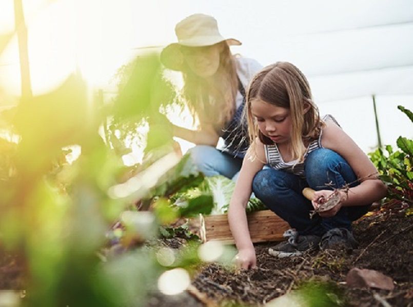 Woman and girl in a field looking at the soil for Life Sciences webinars