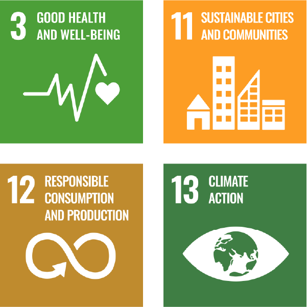Four colored badges featuring Sustainable Development Goals 3, 11, 12, 13