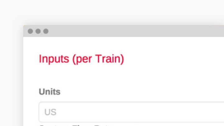 Close-up of the "Inputs (per Train)" portion of the resin replacement calculator