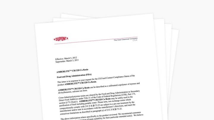 Partial view of an AMBERLITE™ CR1320 Ca FDA letter