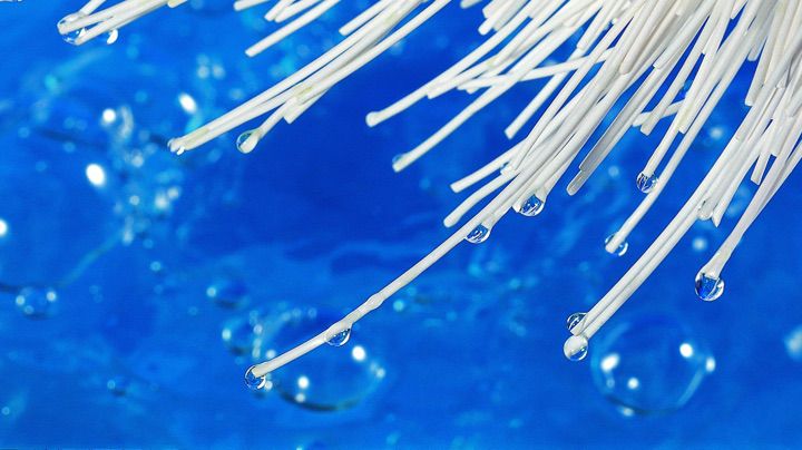Closeup of water droplets at the end of white ultrafiltration fibers against a background of deep blue water.