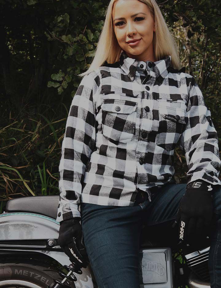 Shark Leathers women's protective motorcycle jacket and gloves made with Kevlar®