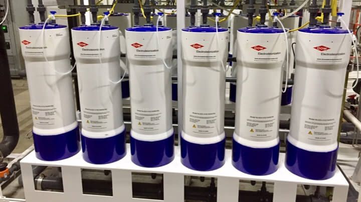 Installed blue-and-white DuPont Water Solutions electrodeionization (EDI) skid