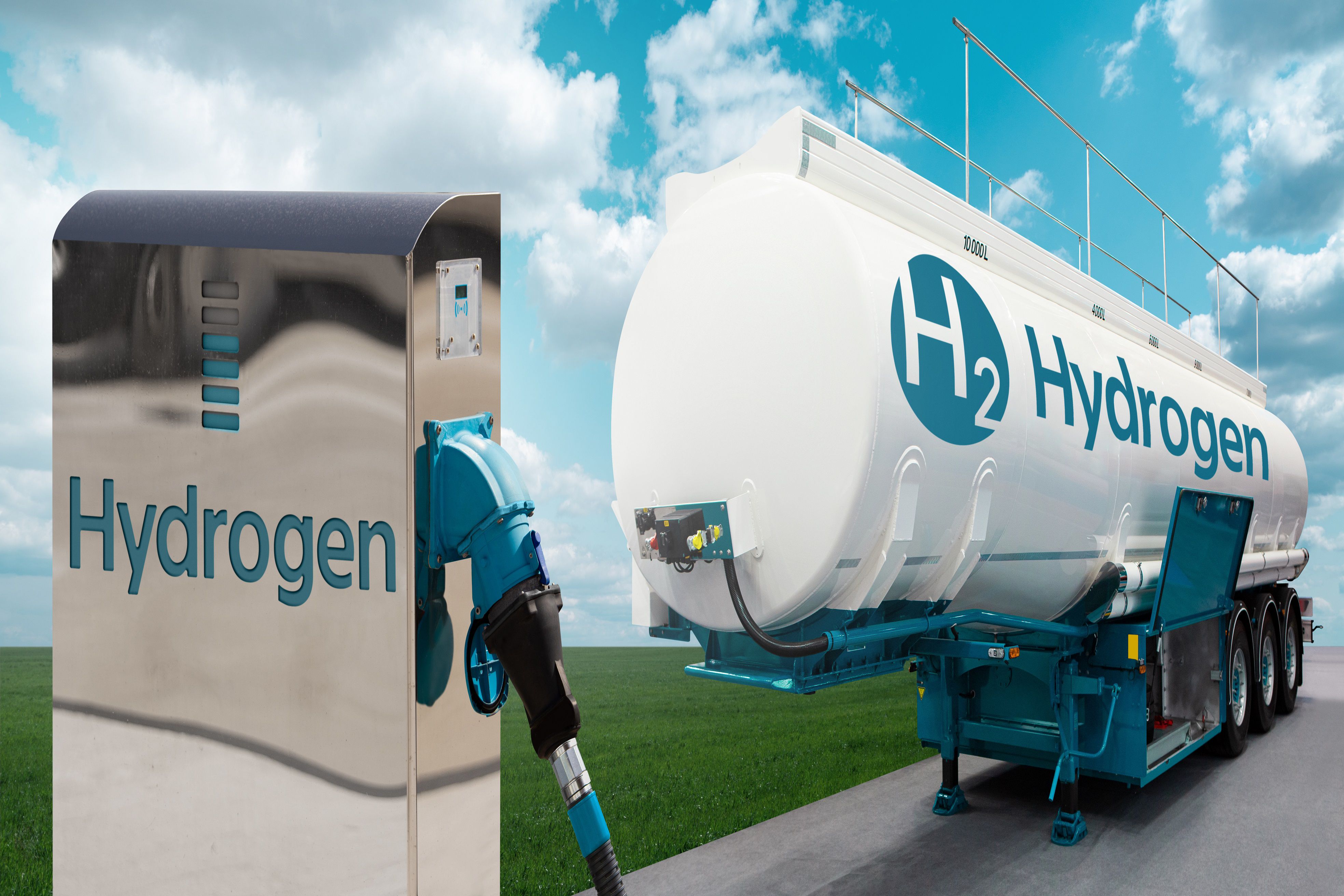 Tank trailer with hydrogen and H2 filling station on the background of a green field and blue sky. Renewable energy